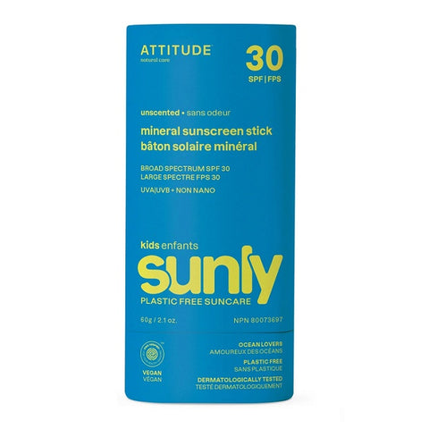 Attitude Sunly Kids Stick Mineral Sunscreen Unscented SPF30 60g - YesWellness.com