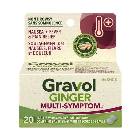 Expires March 2025 Clearance Gravol Ginger Nausea Fever & Pain Relief Multi-Symptom Non Drowsy 20 Tablets