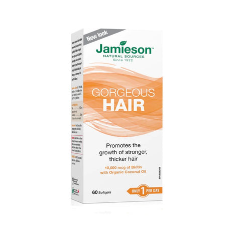 Jamieson Gorgeous Hair 10,000mcg Biotin with Organic Coconut Oil 60 Softgels - YesWellness.com