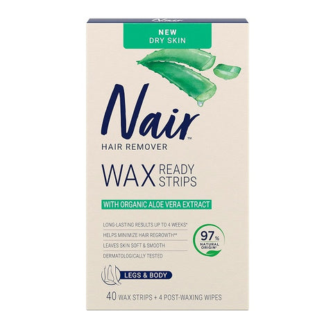 Nair Hair Remover Wax Ready Strips With Organic Aloe Vera Extract 40 Strips + 4 Post Waxing Wipes