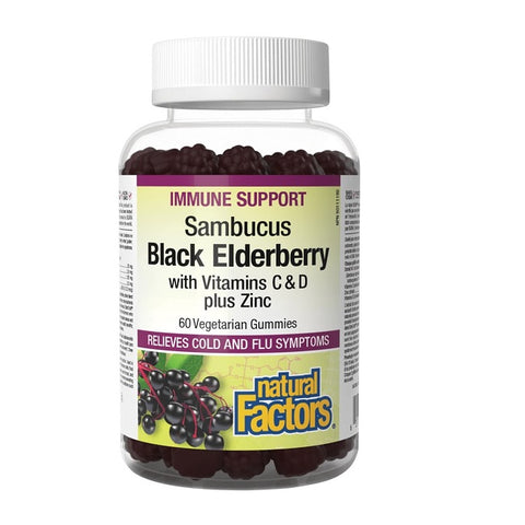 Natural Factors Sambucus Black Elderberry With Vitamins C & D Plus Zinc 60 Veg Gummies