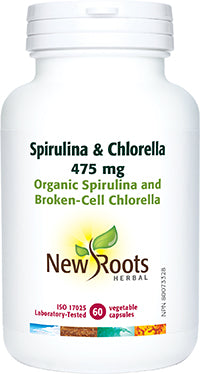 New Roots Herbal Spirulina & Chlorella 100% Organic 475mg 60 capsules - Yeswellness.com