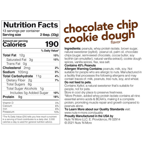 Nuts 'N More Chocolate Chocolate Chip Cookie Dough High Protein Spread 429g nutrition