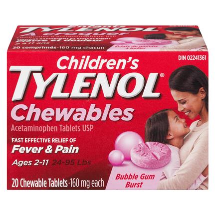 Tylenol Children 160mg Fever & Pain Chew Bubble Gum 20 Tablets - Yeswellness.com