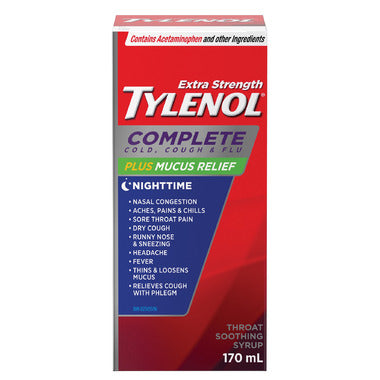 Tylenol Complete Cold Cough & Flu Plus Mucus Relief Nighttime 170mL - Yeswellness.com