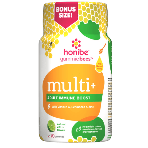 Expires March 2025 Clearance Honibe GummieBees Multi+ Adult Immune Boost with Vitamin C, Echinacea & Zinc - Natural Citrus Flavour 70 Gummies