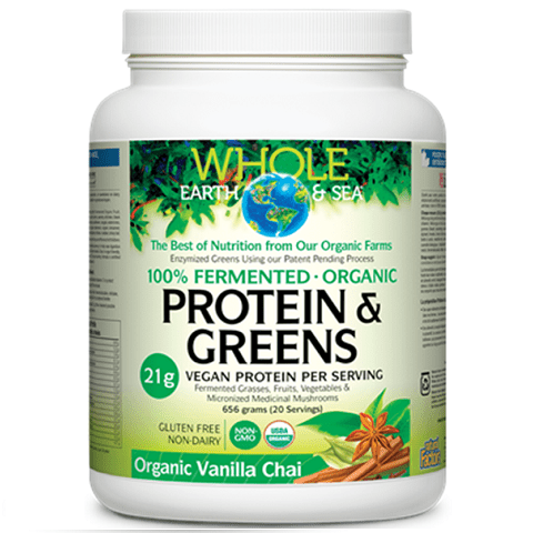 Expires March 2025 Clearance Natural Factors Whole Earth and Sea Fermented Organic Protein and Greens Organic Vanilla Chai 656g Tub