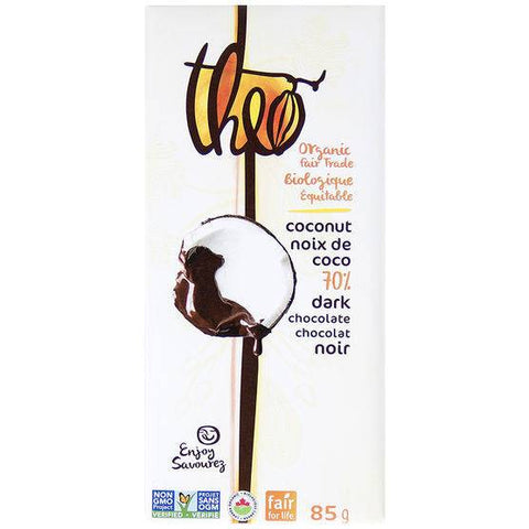 Expires February 2025 Clearance Theo Organic and Fair Trade 70% Dark Chocolate Coconut 85 Grams